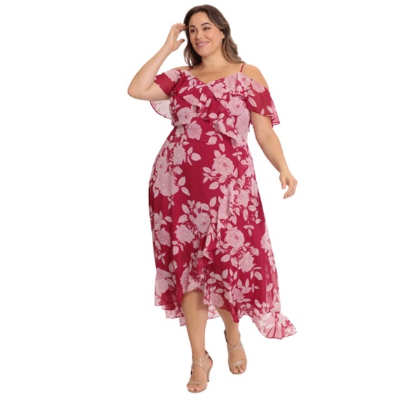 Plus Size London Times Cold Shoulder Ruffle Faux Wrap Dress 22W - Picture 2 of 2